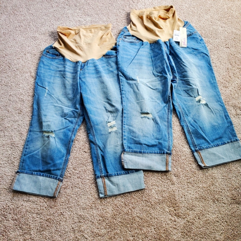 Indigo Blue Distressed Cropped Maternity Jeans